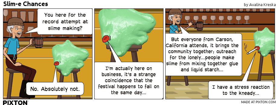 comic strip about the record attempt at making slime (a real festivel held in Carson, California. 