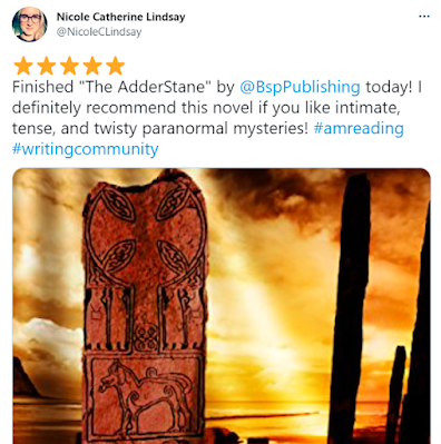 Screenshot of The AdderStane review on Twitter:

"Finished "The AdderStane" by @BspPublishing today! I definitely recommend this novel if you like intimate, tense, and twisty paranormal mysteries! #amreading #writingcommunity