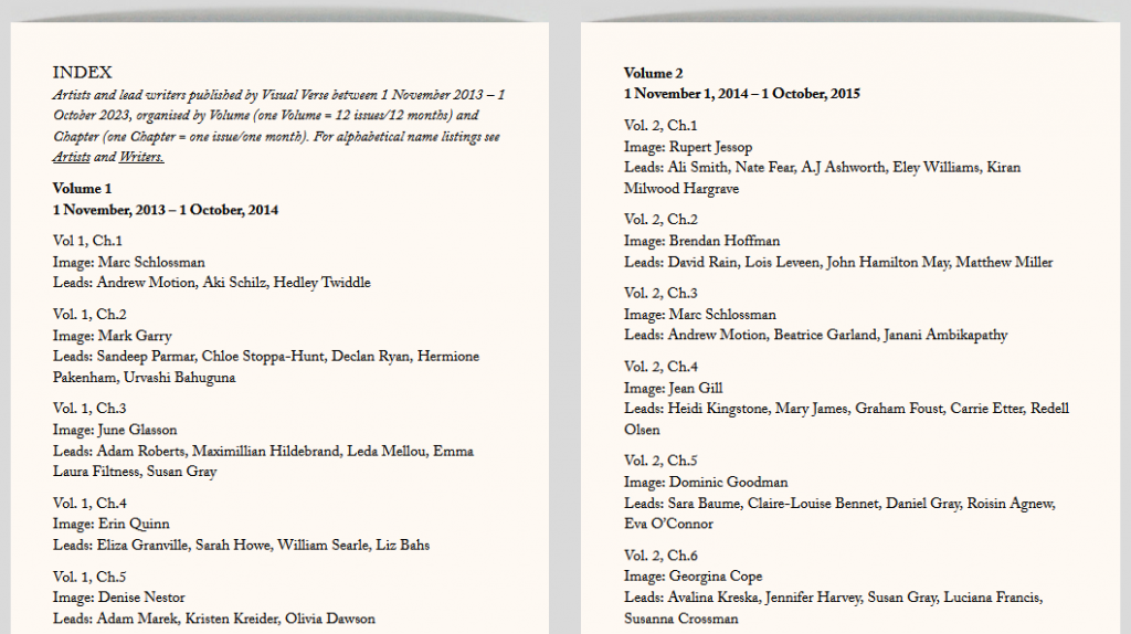 Snapshot of Index of the lead writers and artists for Visual Verse including Avalina Kreska, Volume 2, Chapter 6